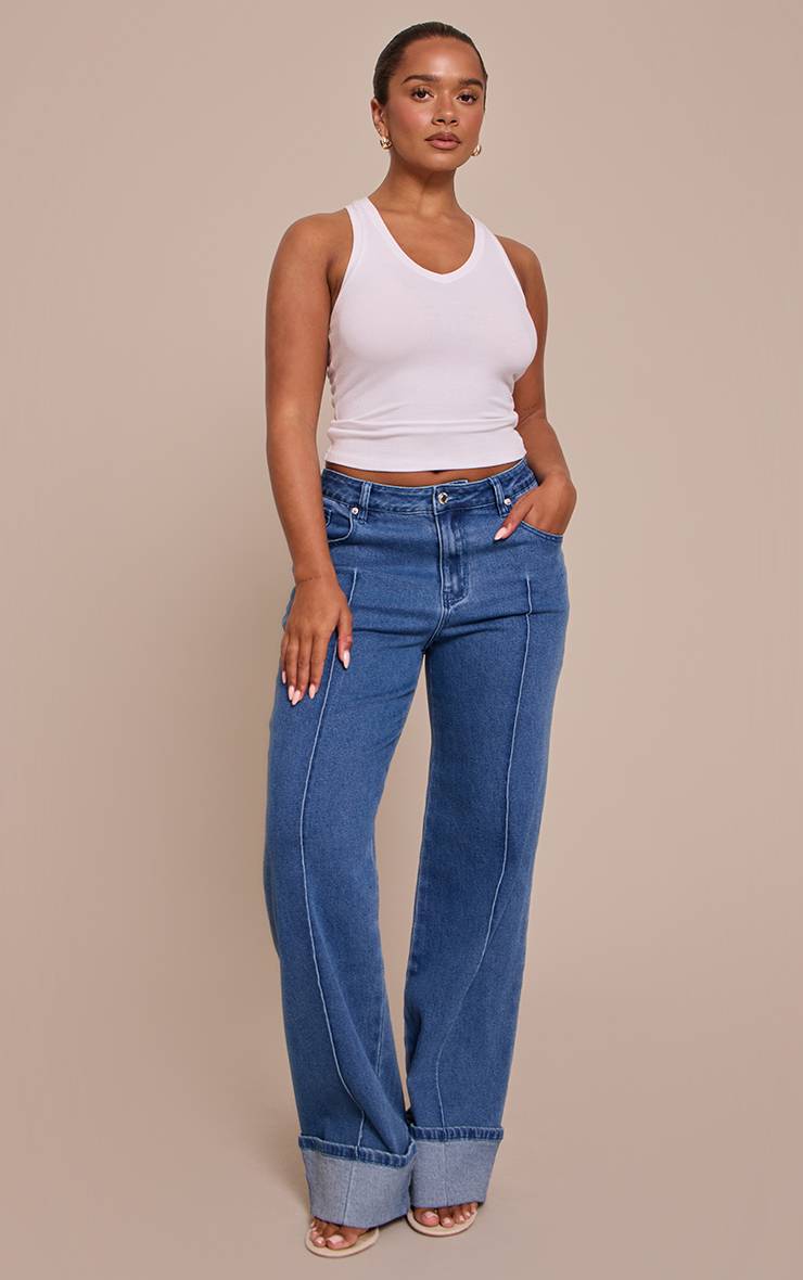 Bleu Foncé Jean Large Taille Haute En Denim Stretch Avec Pinces Et Ourlet Retroussé Shape