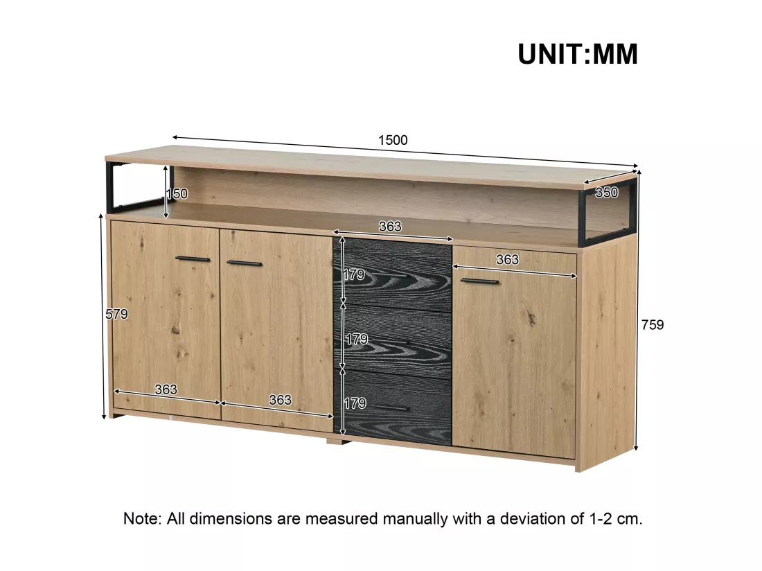 Buffet industriel effet bois avec 3 portes et 3 tiroirs rangement avec poignée métallique 150x35x75,9cm VAGNAD