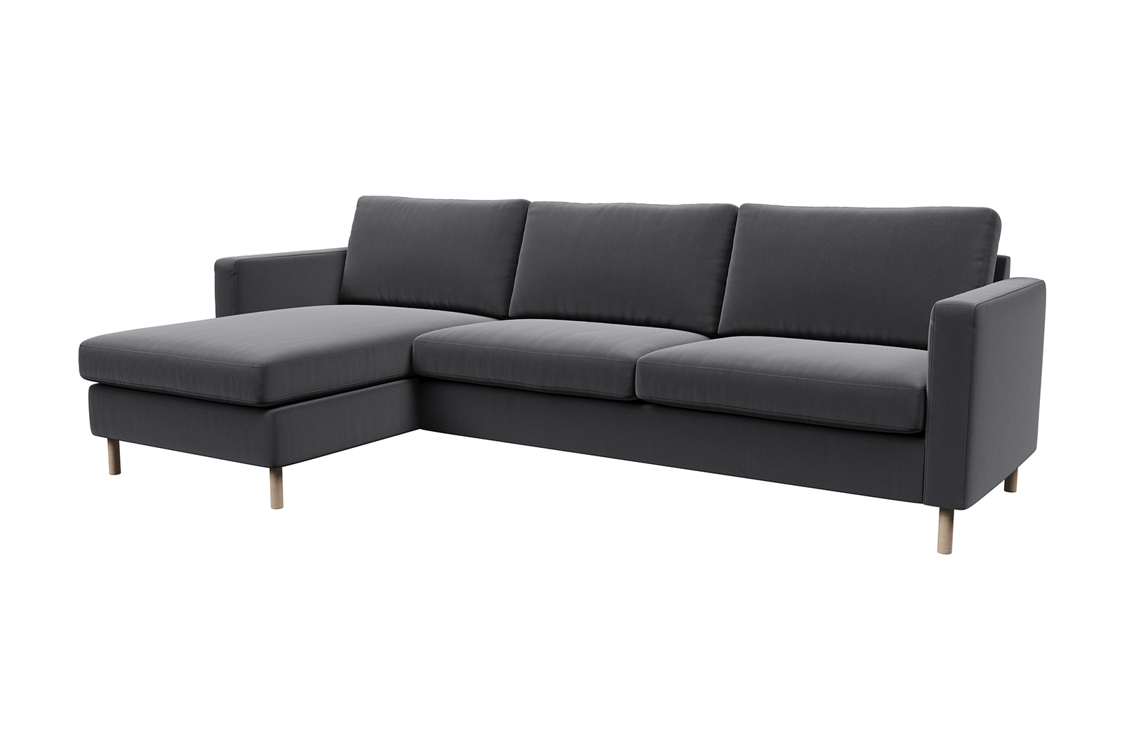 Viken sjeselongsofa 2,5-seter med sjeselong venstre i tekstil Matt Velvet 97 Grey med hvitoljet eikeben. Arm B og skum komfort.