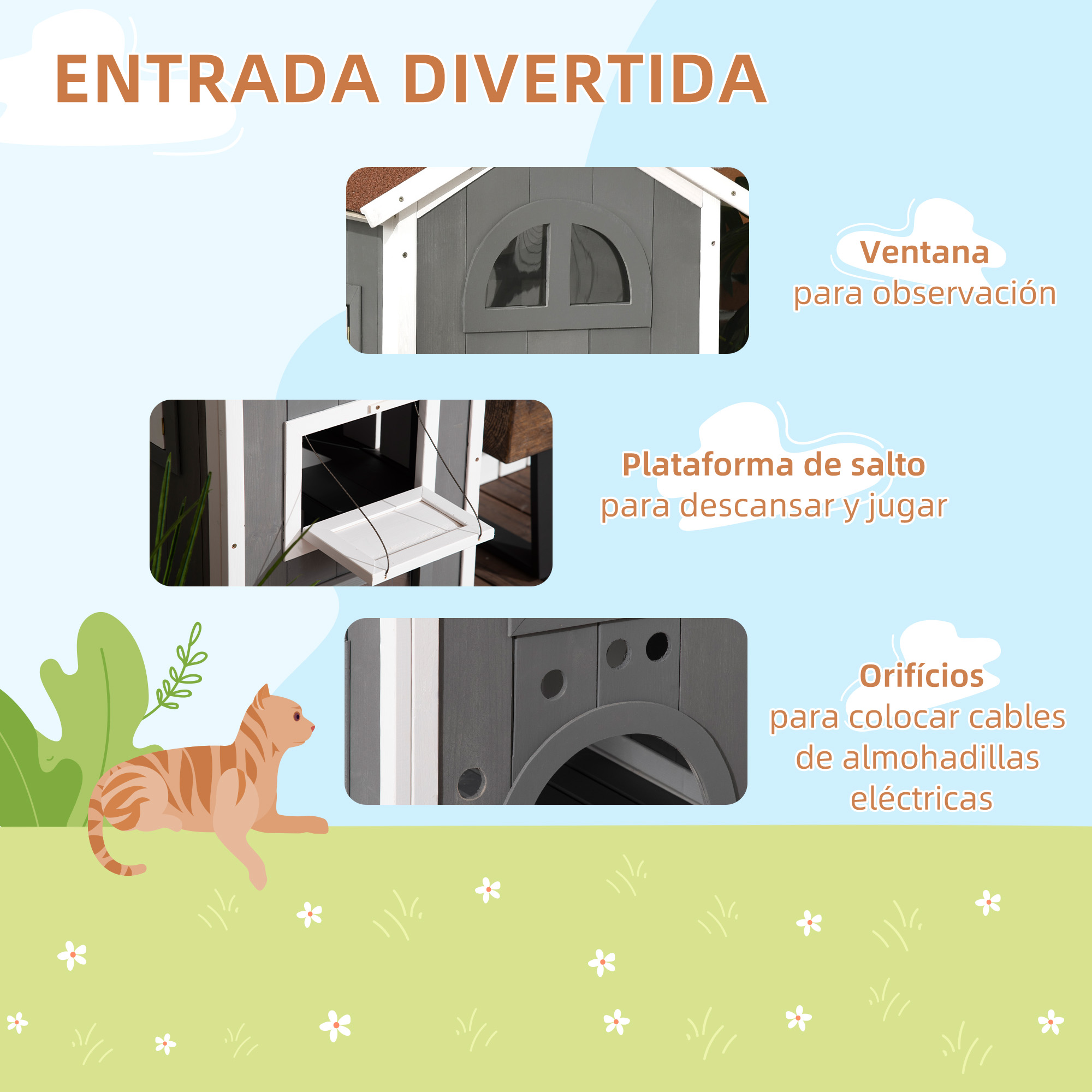 Casinha de madeira para gatos PawHut 59x55x109 cm