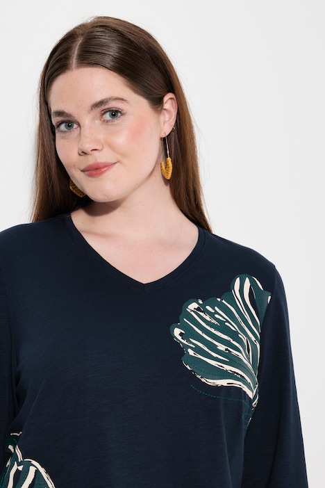 Longshirt, Blätter, V-Ausschnitt, Langarm, Biobaumwolle