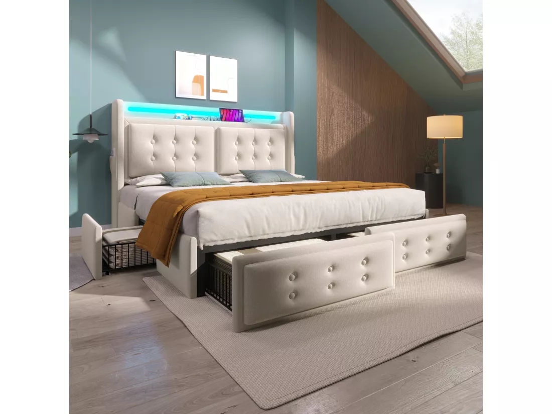 Lit capitonné 160 x 200 cm avec 4 tiroirs, tête de lit LED, prise USB Type-C - Tissu en coton - Beige (sans matelas)