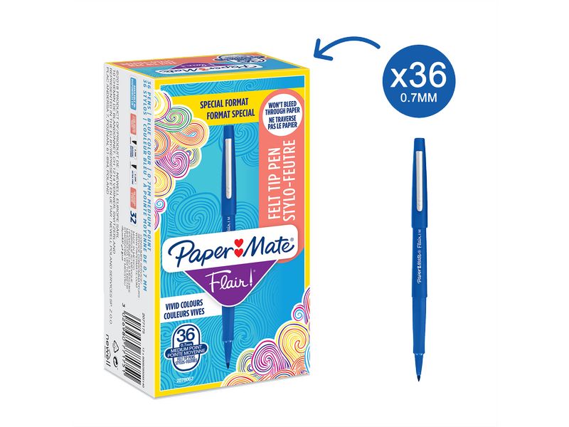 Paper Mate Fineliner Flair Original 0.7 mm, 36 Stück, Blau Wasserbasierter Feinschreiber-Set
