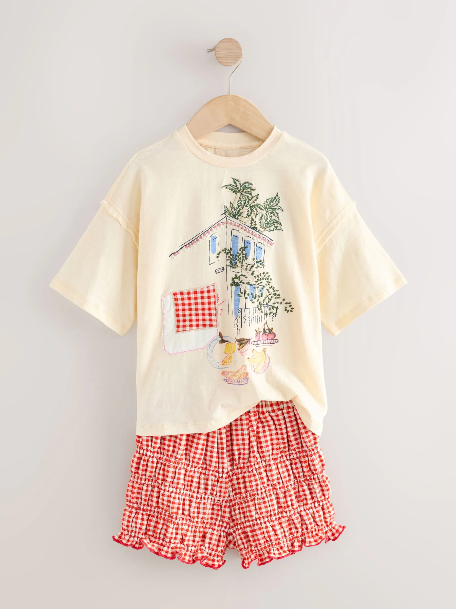 Ecru/rood geruit - Set van T-shirt en bloomer shorts met print (3-15jr)