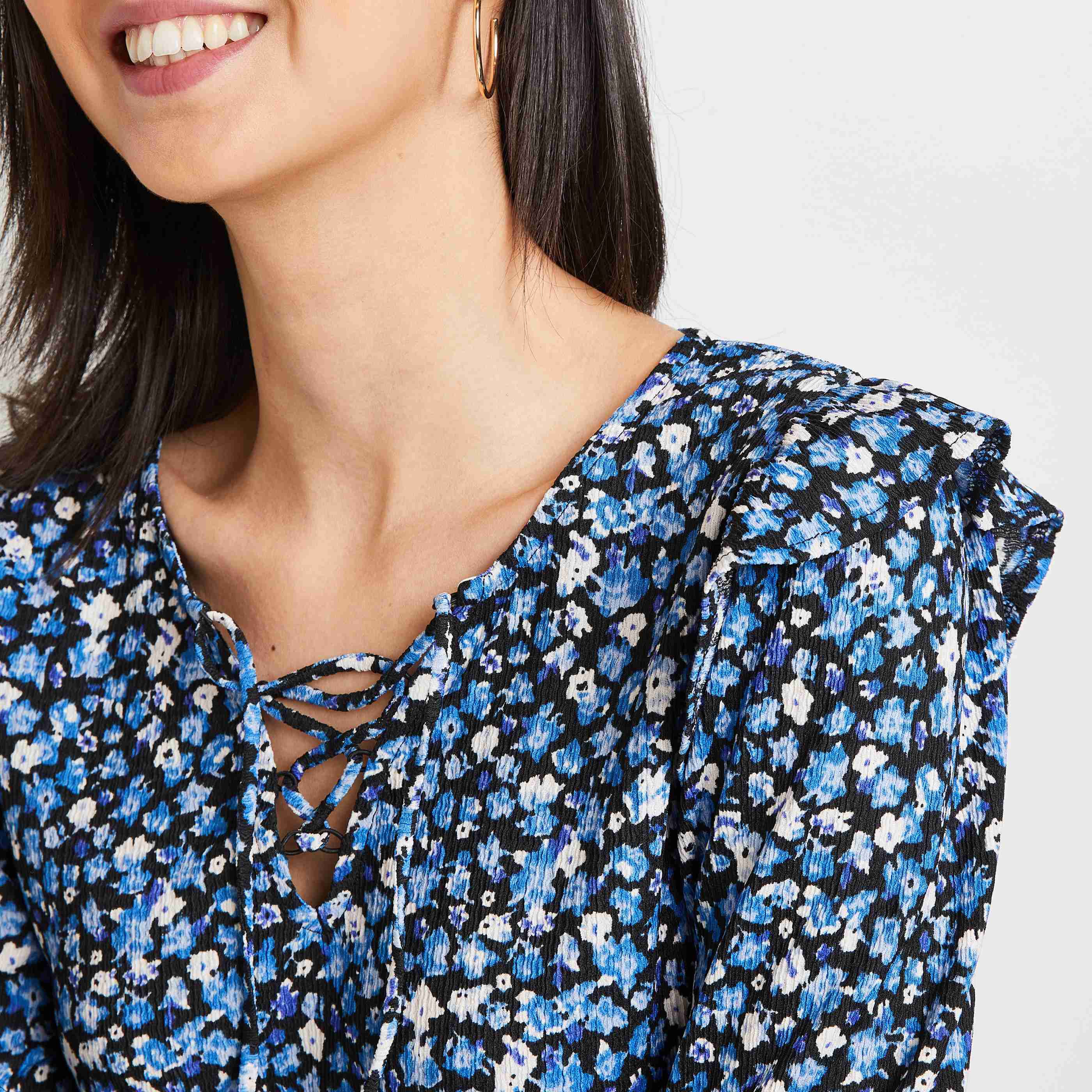 Blouse froissée imprimé fleurs - BLEU