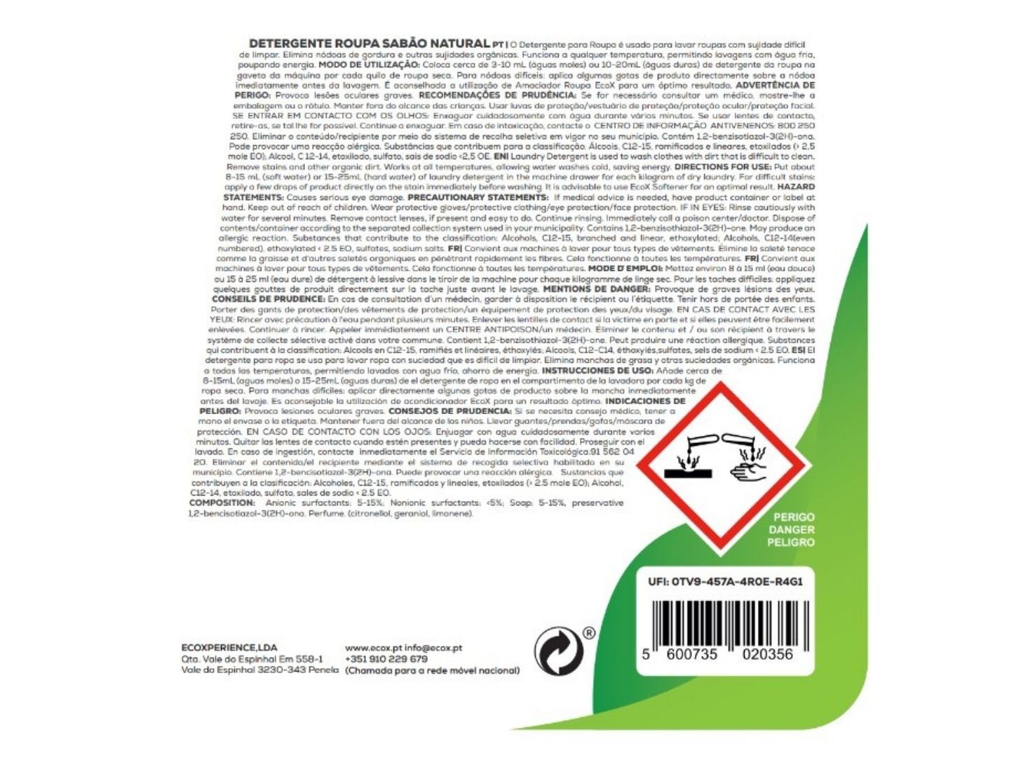 DET ROUPA MÁQUINA ECOX SABÃO NATURAL 34 DOSES