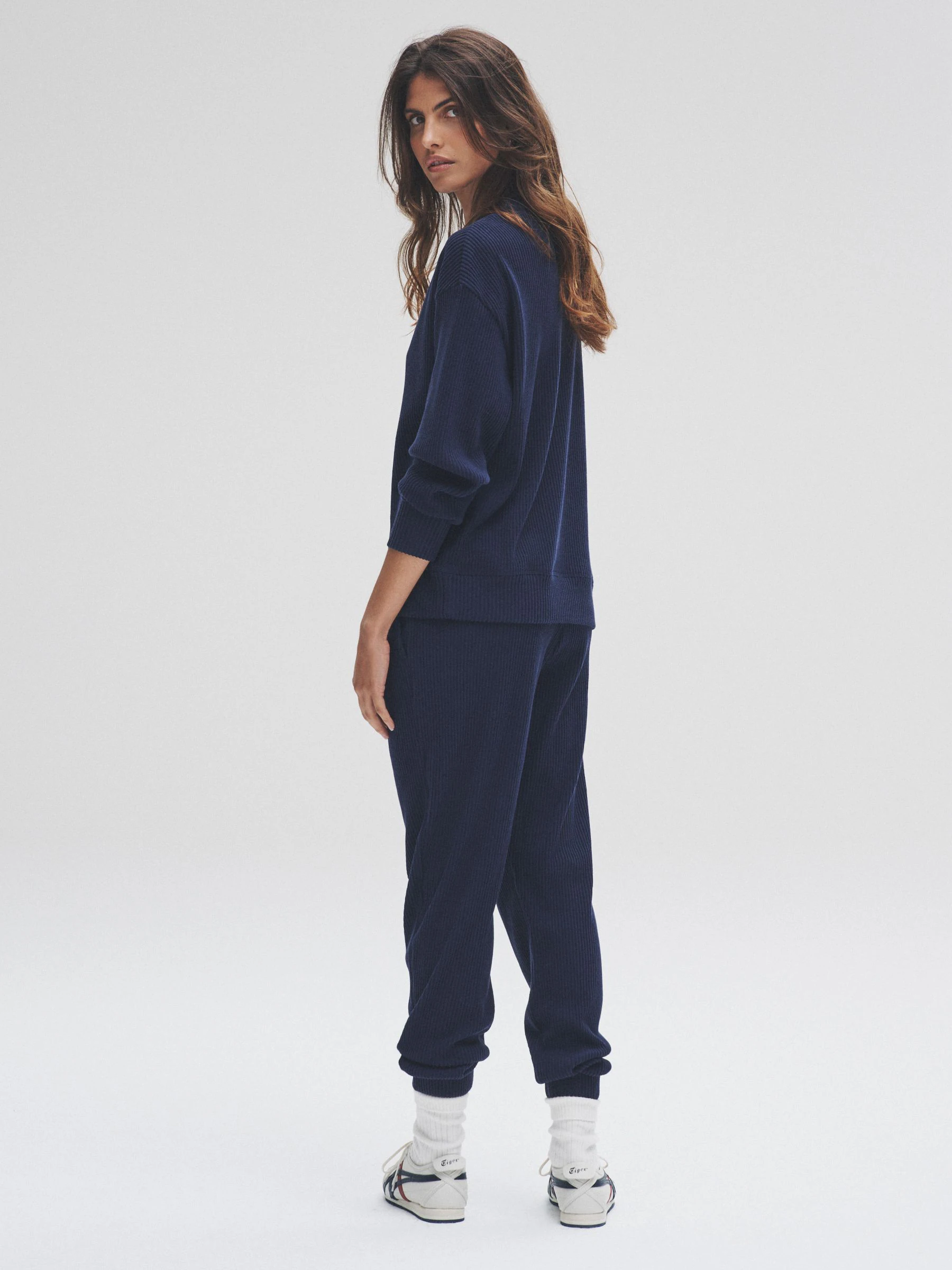 Marineblauw - The Set Soft Rib Crew Neck Sweatshirt and Cuffed Joggers Lounge Set