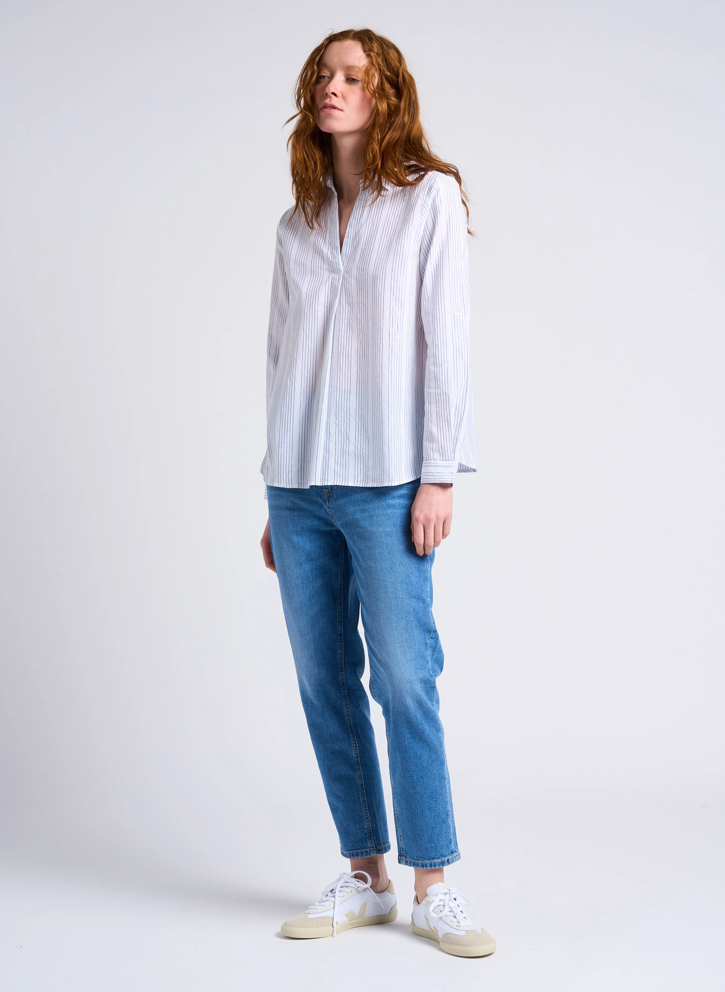 Jean mom-fit délavé taille haute en coton | Bleu