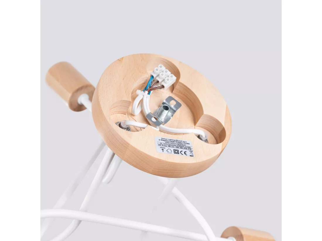Lustre Ember minimaliste en acier/bois - 3 sources lumineuses - L.14 x H.26 cm - blanc/bois naturel