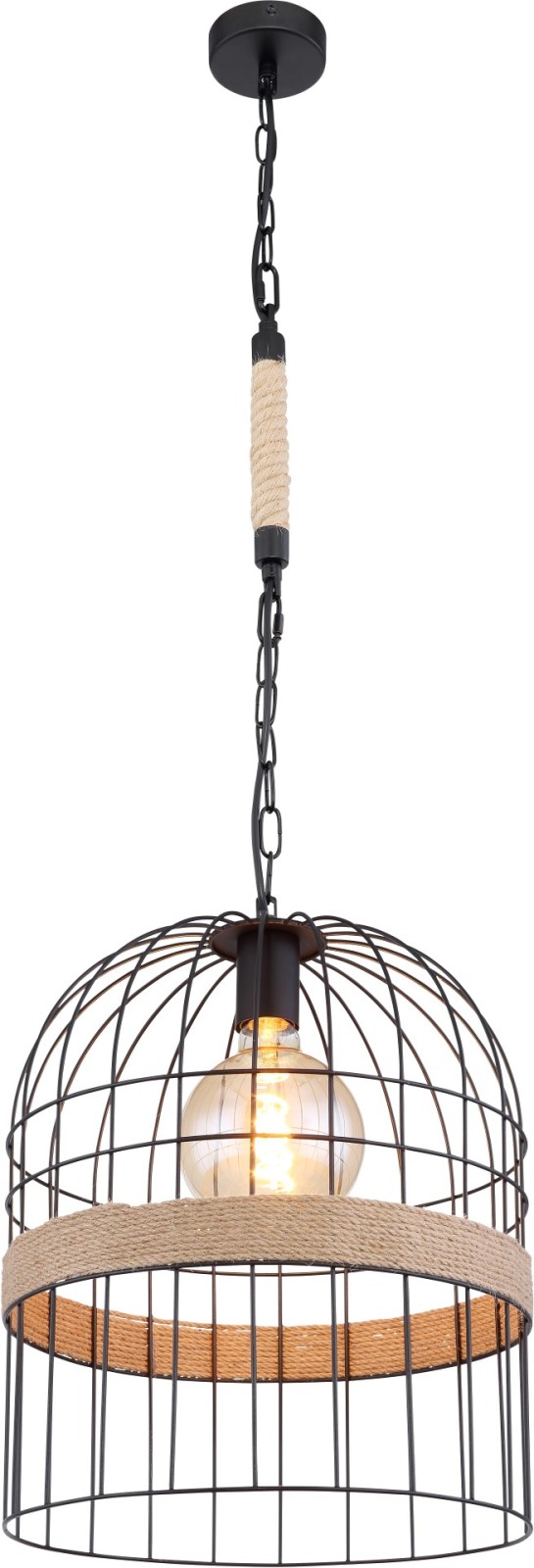 Pendelleuchte - schwarz matt - braun - Hanfseil - 140 cm
