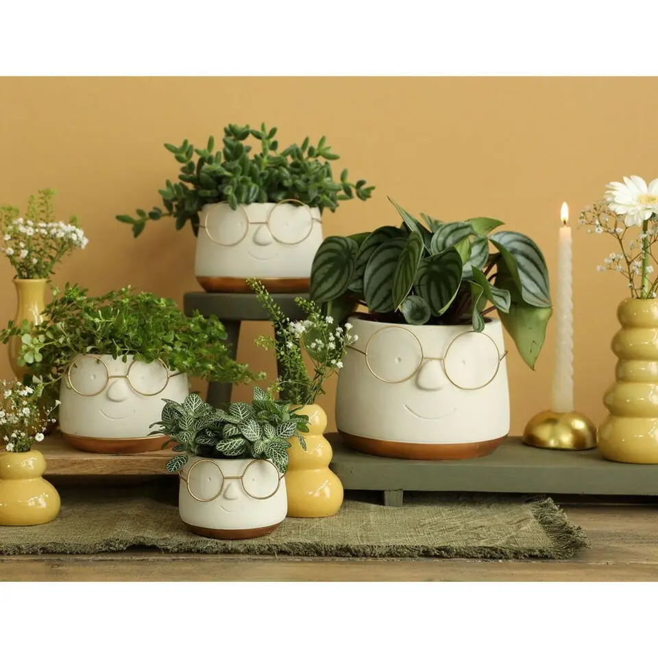 Ideas4seasons Plantenpot ribbel bril - wit/goud - D14 x H11 cm