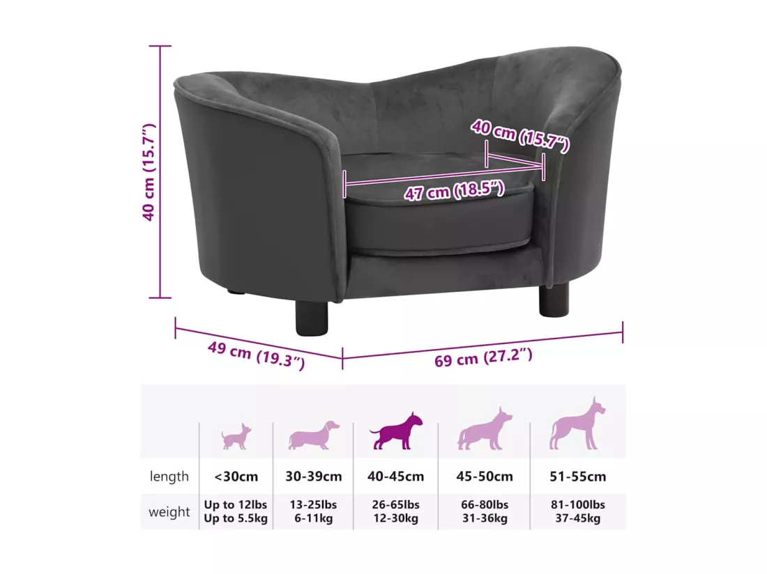 Canapé pour chien Gris foncé 69x49x40 cm Peluche et similicuir