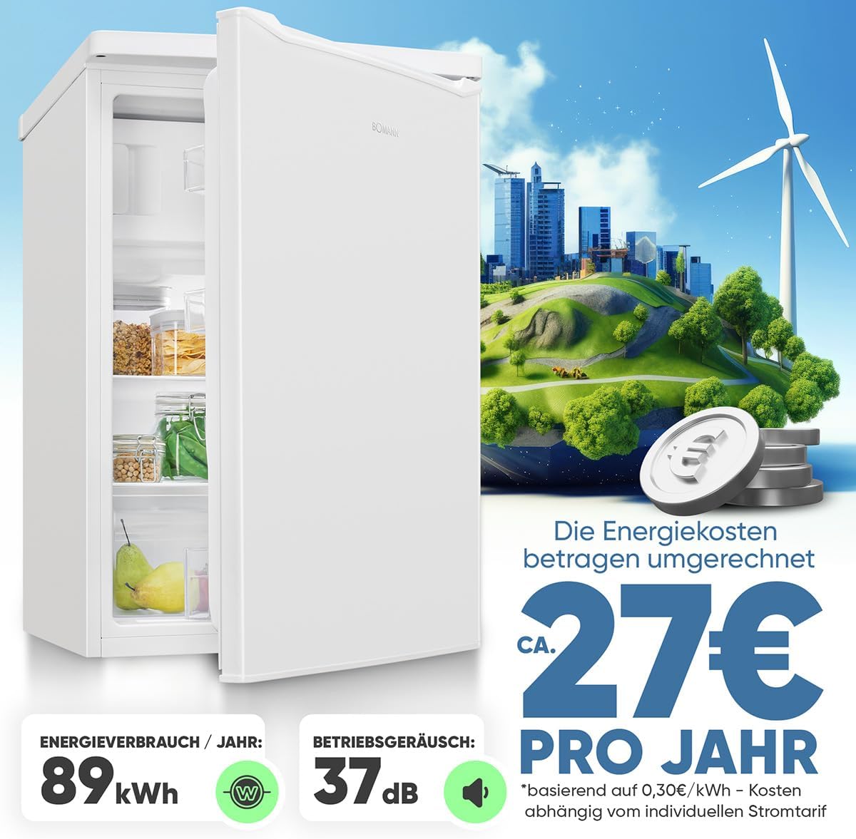Bomann® Kühlschrank mit Gefrierfach | 109 Liter | energieeffizient, leise & kompakt | 2 Ablagen, Obst- & Gemüsefach | 4-Sterne-Gefrierfach | Türanschlag wechselbar | KS 7251 weiß