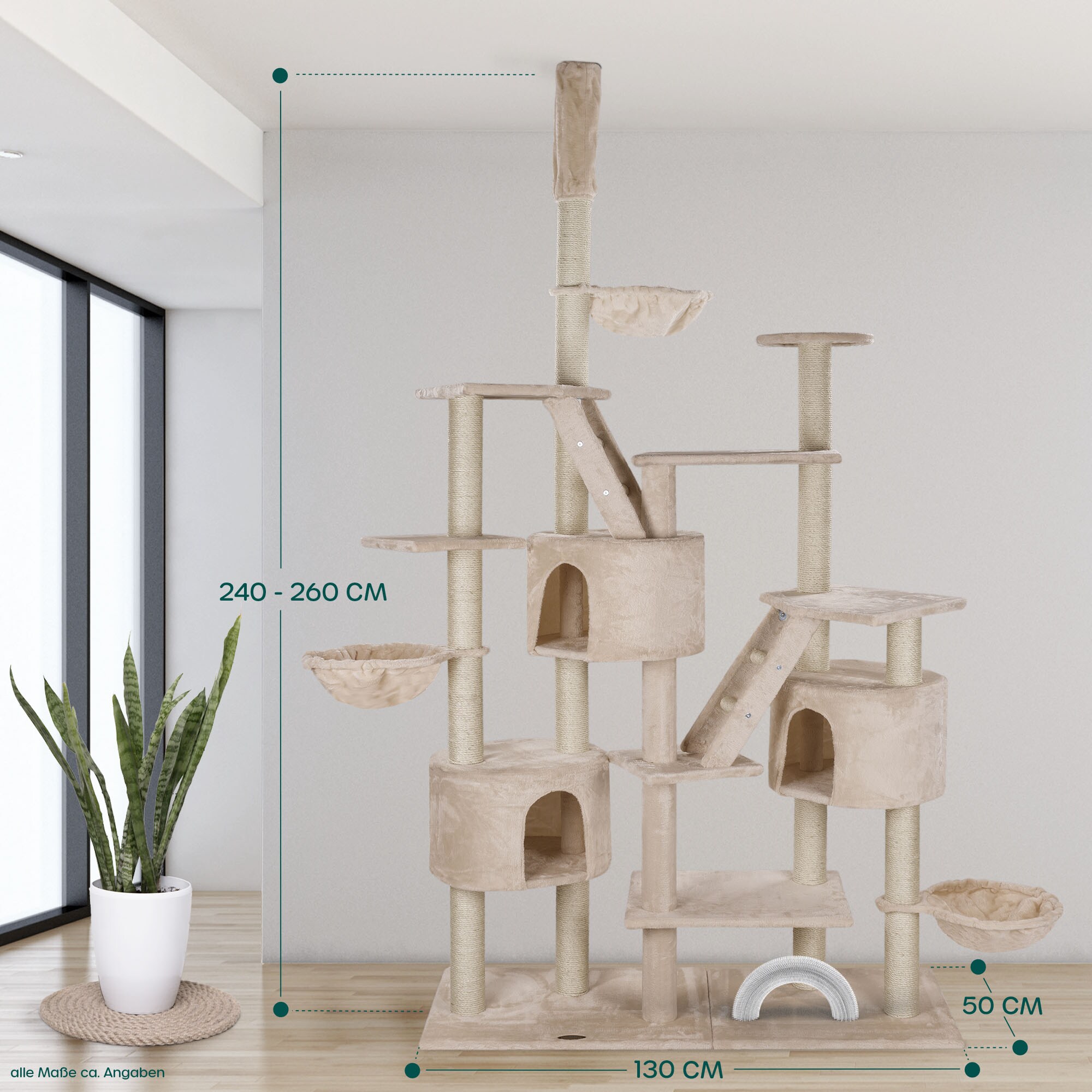 HAPPYPET Kratzbaum deckenhoch bis 260 cm Kletterbaum SIMBA - Extra breit, Häuser, Treppen, Liegemulden, großer XXL Katzenbaum Stabil für Katzen, 9 cm Säulen | Beige