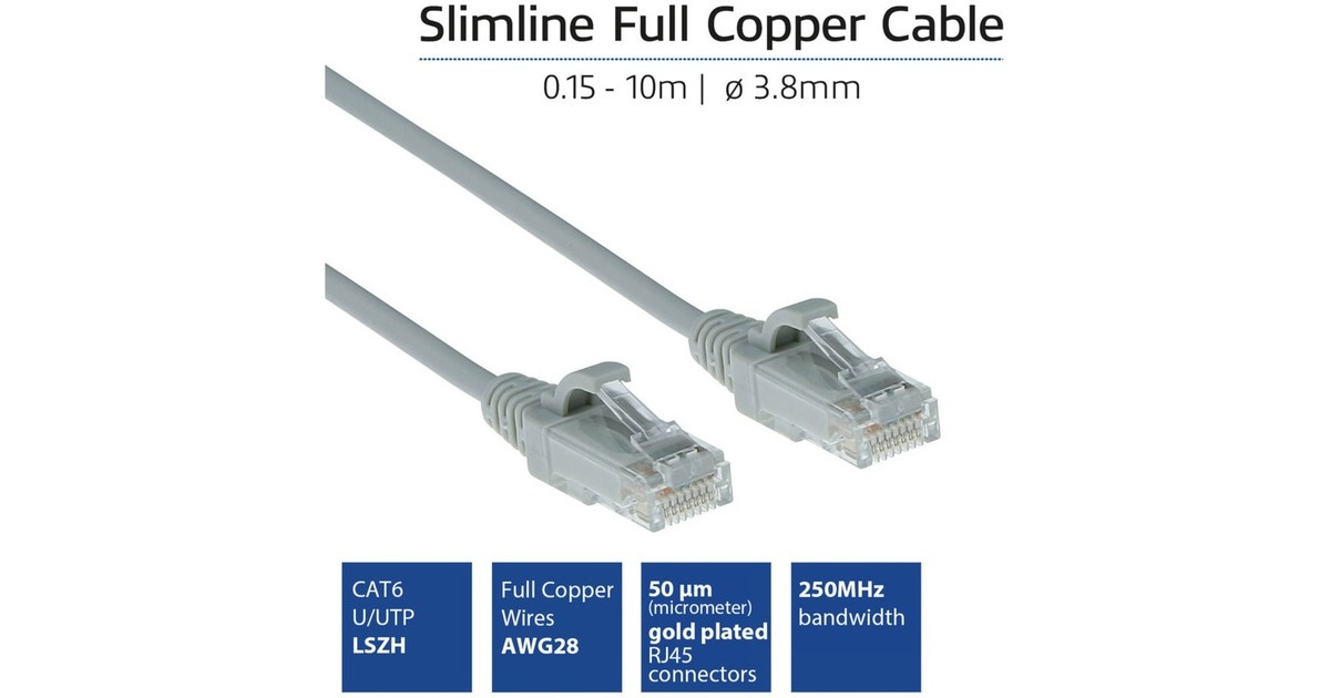 ACT ConnectivityLSZH U/UTP CAT6 datacenter slimline patchkabel snagless met RJ45 connectoren  (Grijs, 10 meter)