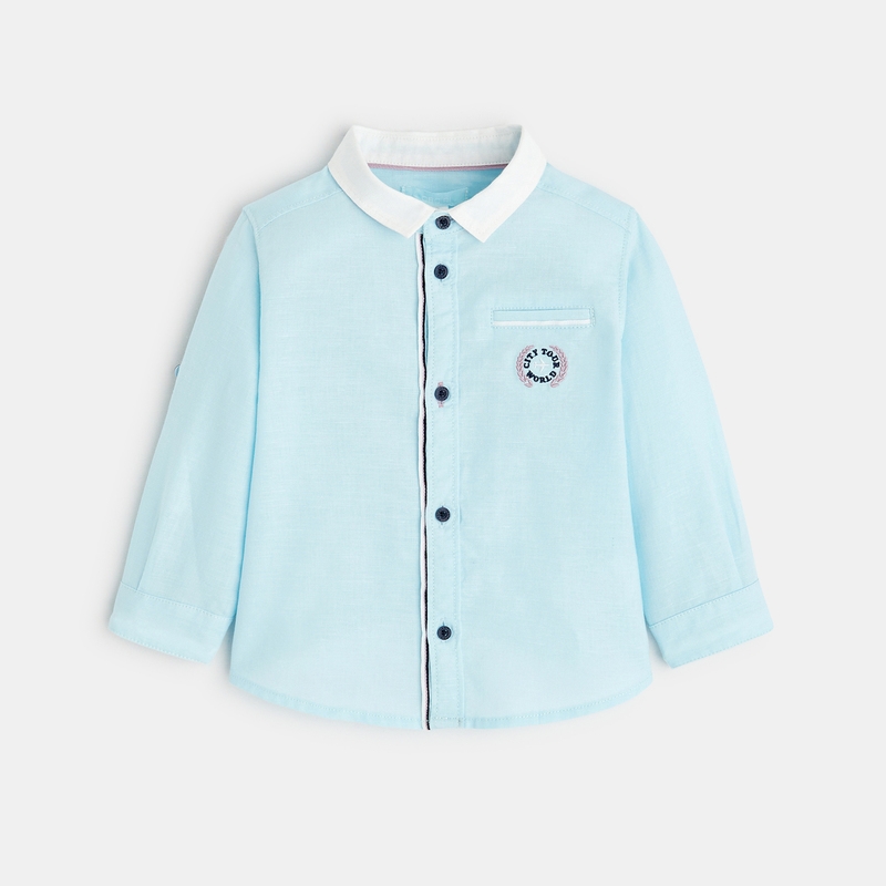 Chemise unie coton et lin bleue bébé garçon