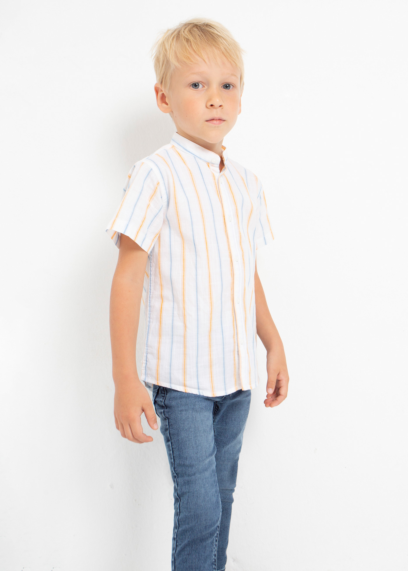 Camisa de algodão de manga curta com gola mandarim para meninos