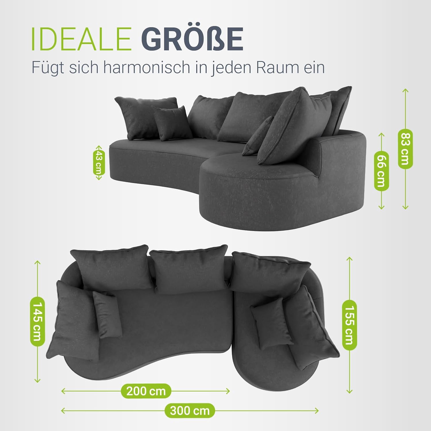 Juskys Sofa Tirano - Samt Grau, Ecksofa mit L-Form, mit Rücken- & Dekokissen, 4-Sitzer Eckcouch, Schaumstoff - Ottomane rechts