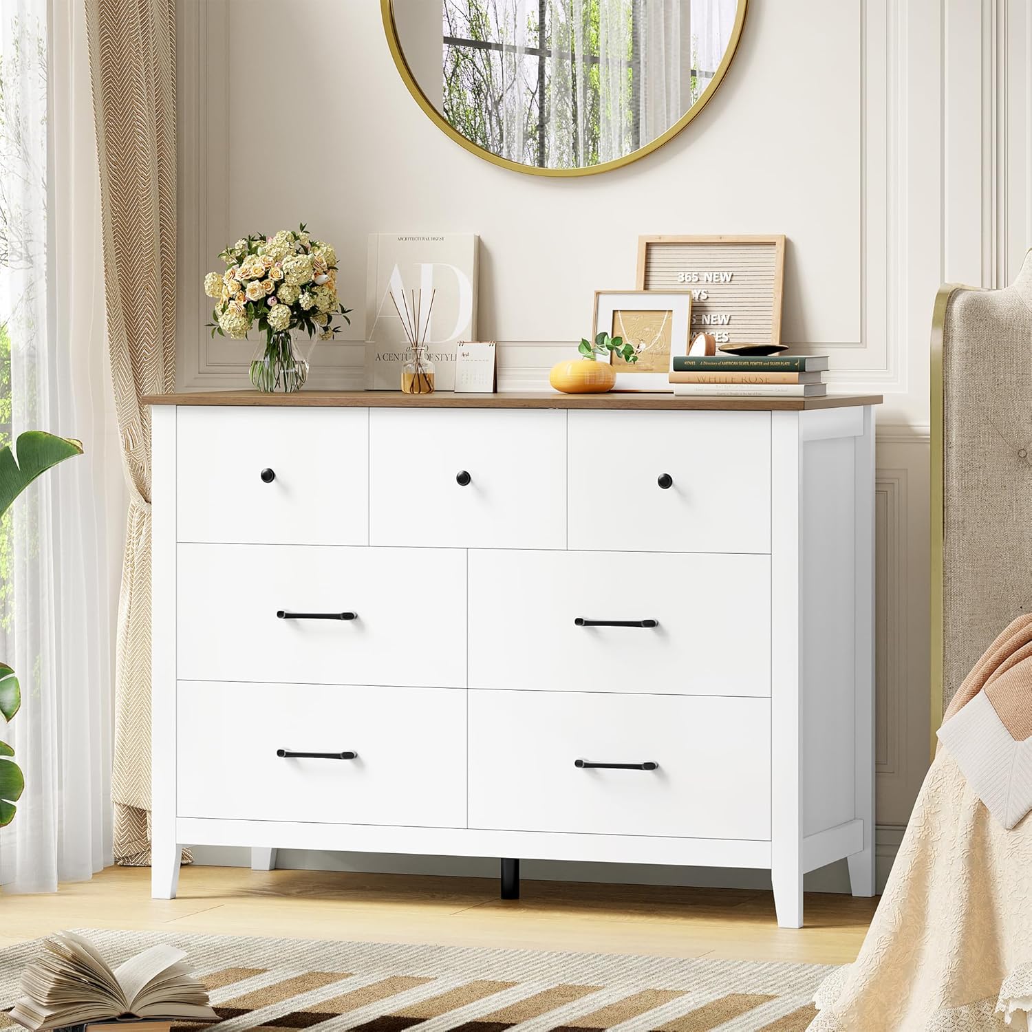 HOCSOK Kommode Weiß mit 7 Schubladen, Kommode mit Aus Holzplatte, Komodenschrank für Schlafzimmer Wohnzimmer Jugendzimmer Flur und Büro, 106x40x81 cm