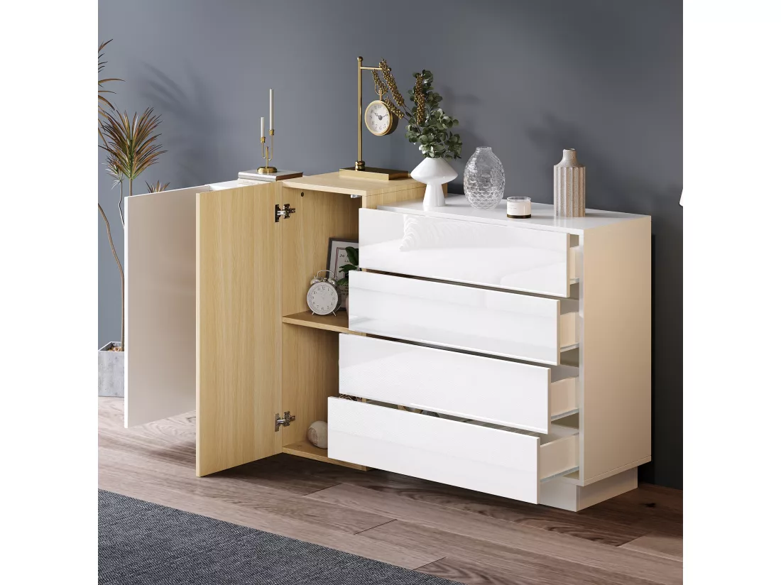 Buffet avec 3 tiroirs et 4 portes - 160 x 37 x 75 cm - Bois MDF - Couleur blanc brillant et bois
