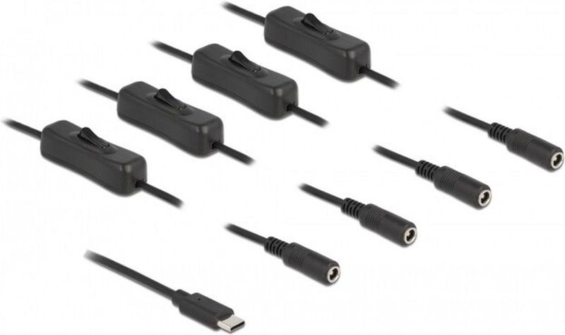 USB-C - DC Plug Splitter - Zwart - 4x DC Plug - Max. 5V/3A (15W) - 1 Meter