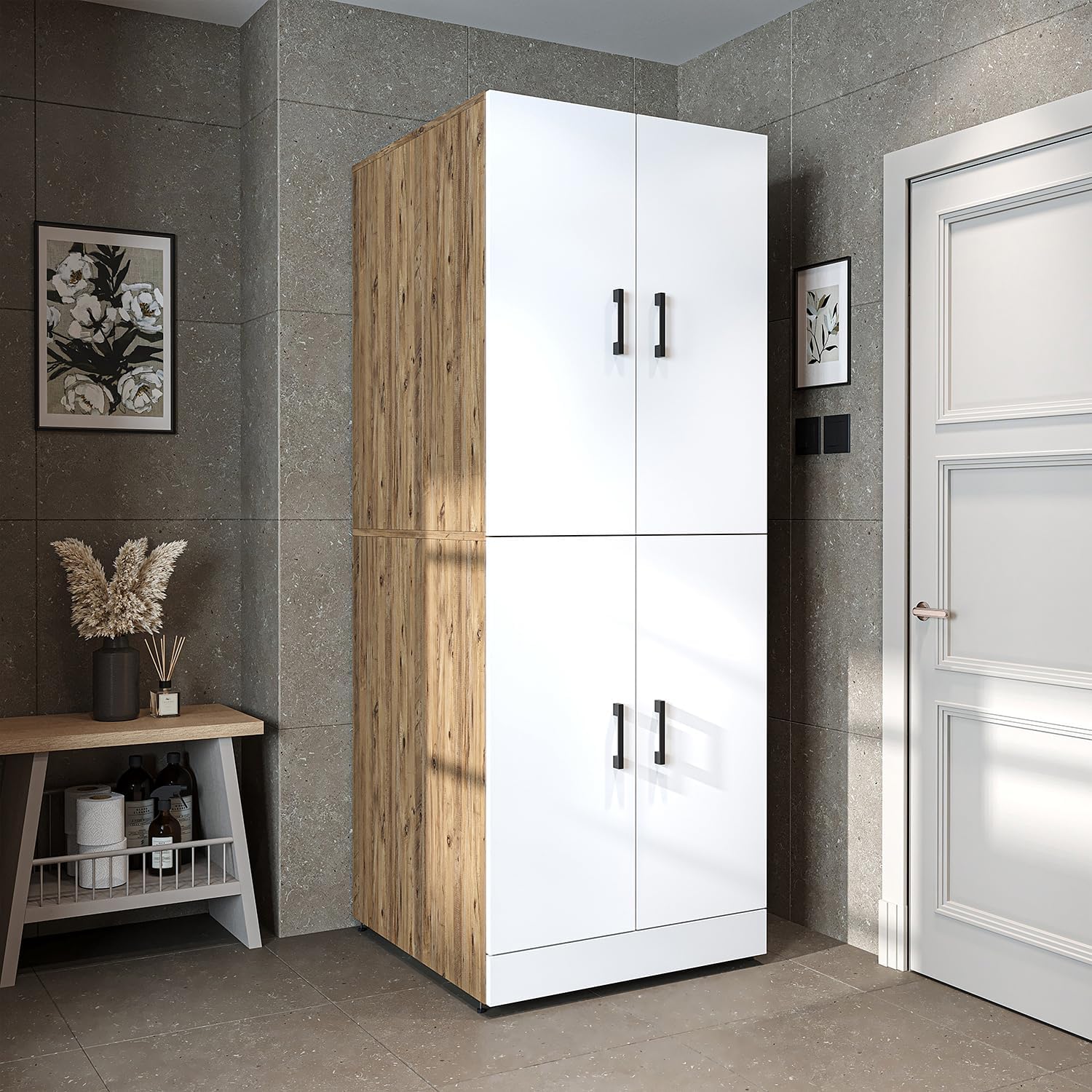 ROOMART Dora Armoire de machine à laver, pour sèche-linge et machine à laver, en 4 couleurs, avec portes et planche coulissante (chêne anthracite)