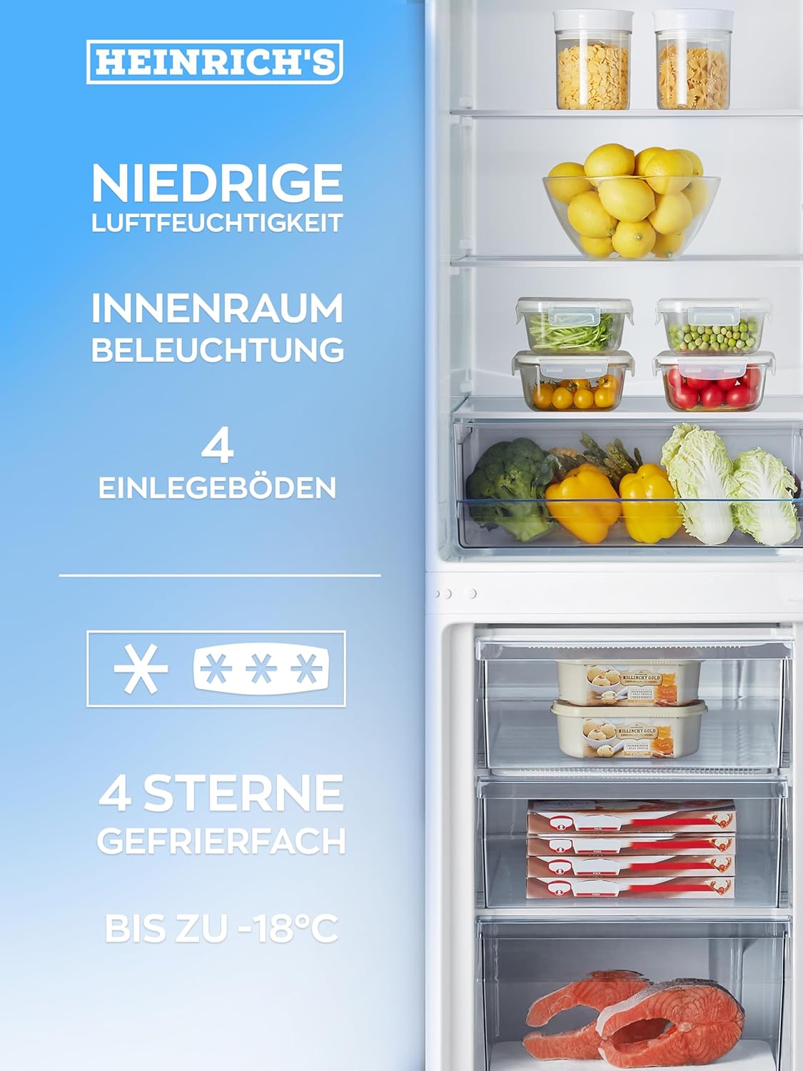 Heinrich´s Kühlgefrierkombination 269 Liter, Kühlvolumen 198L, Gefrierfach 71L,LED Beleuchtung,Kühlschrank Türanschlag wechselbar, leise 39dB,große Tiefkühlboxen, 7 Temperaturstufen, (schwarz-inox)