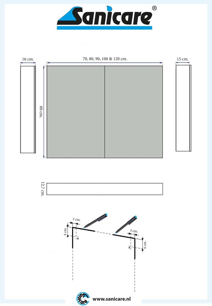 Sanicare Spiegelkast Qlassics Ambiance 70 cm. 2 dubbelzijdige spiegeldeuren schots-eiken