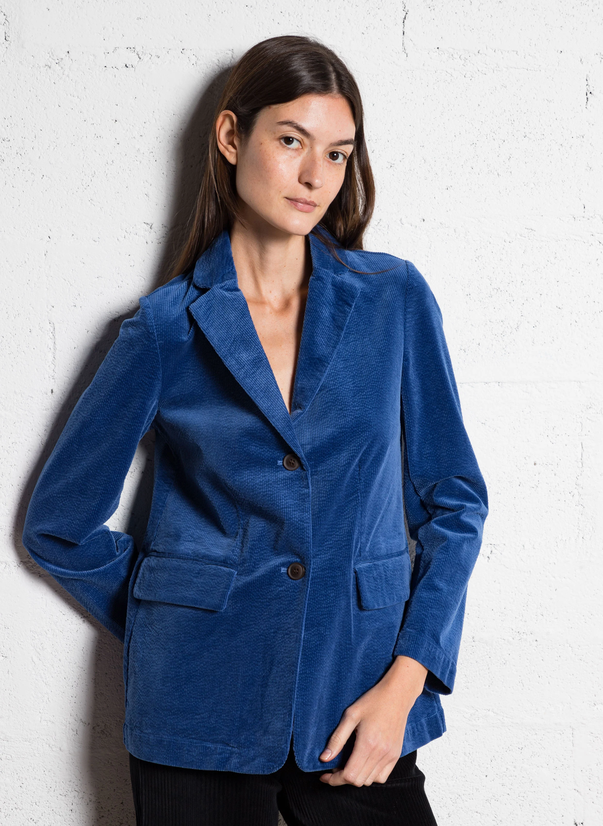 Blazer droit en coton velours| Bleu