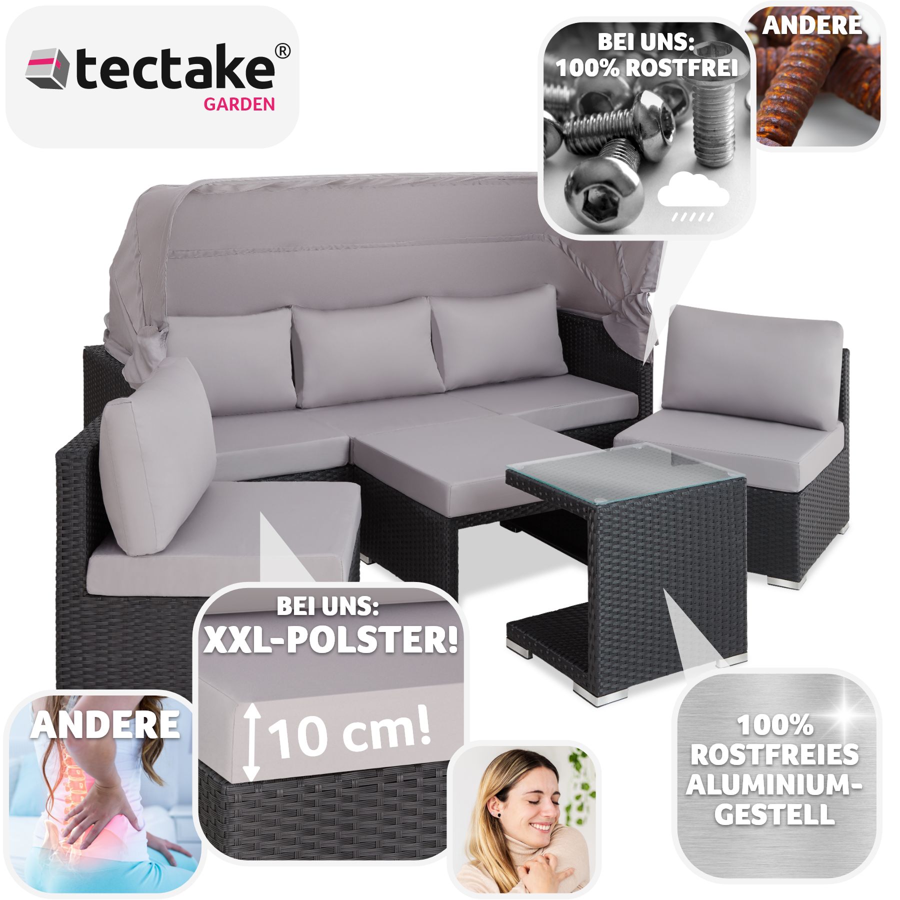 tectake® Rattan Lounge, mit Aluminiumgestell, wetterfest und UV-beständig, mit klapparem Sonnenschutz, mit Sicherheitsglasplatte, variabel aufstellbar