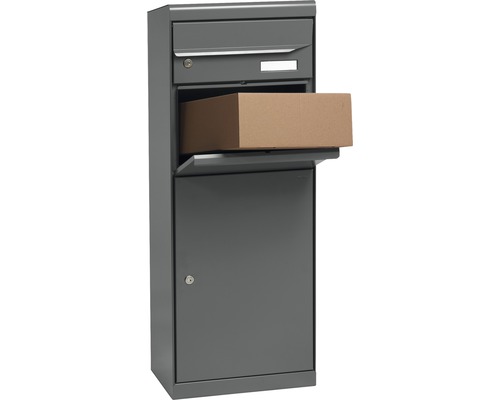 MEFA pakketbrievenbus, gepoedercoat plaatstaal, BxHxD 402/1091/310 mm, esdoorn 661 basaltgrijs RAL 7012 semi-mat, frontuitname, 2 compartimenten met naamplaatje
