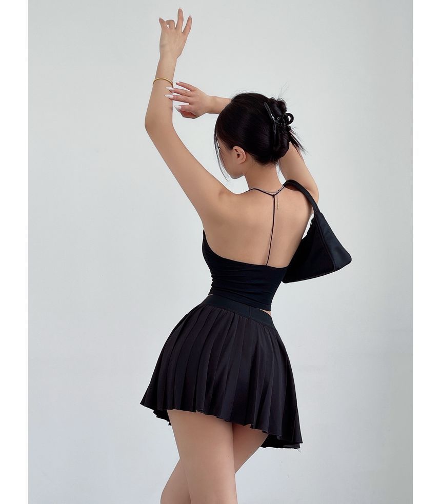 LIVIE - Elastische taille, effen accordeon geplooide mini A-lijn skort