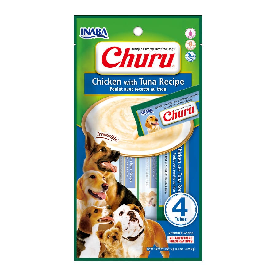 Receita de petisco cremoso de frango com atum Churu para cães