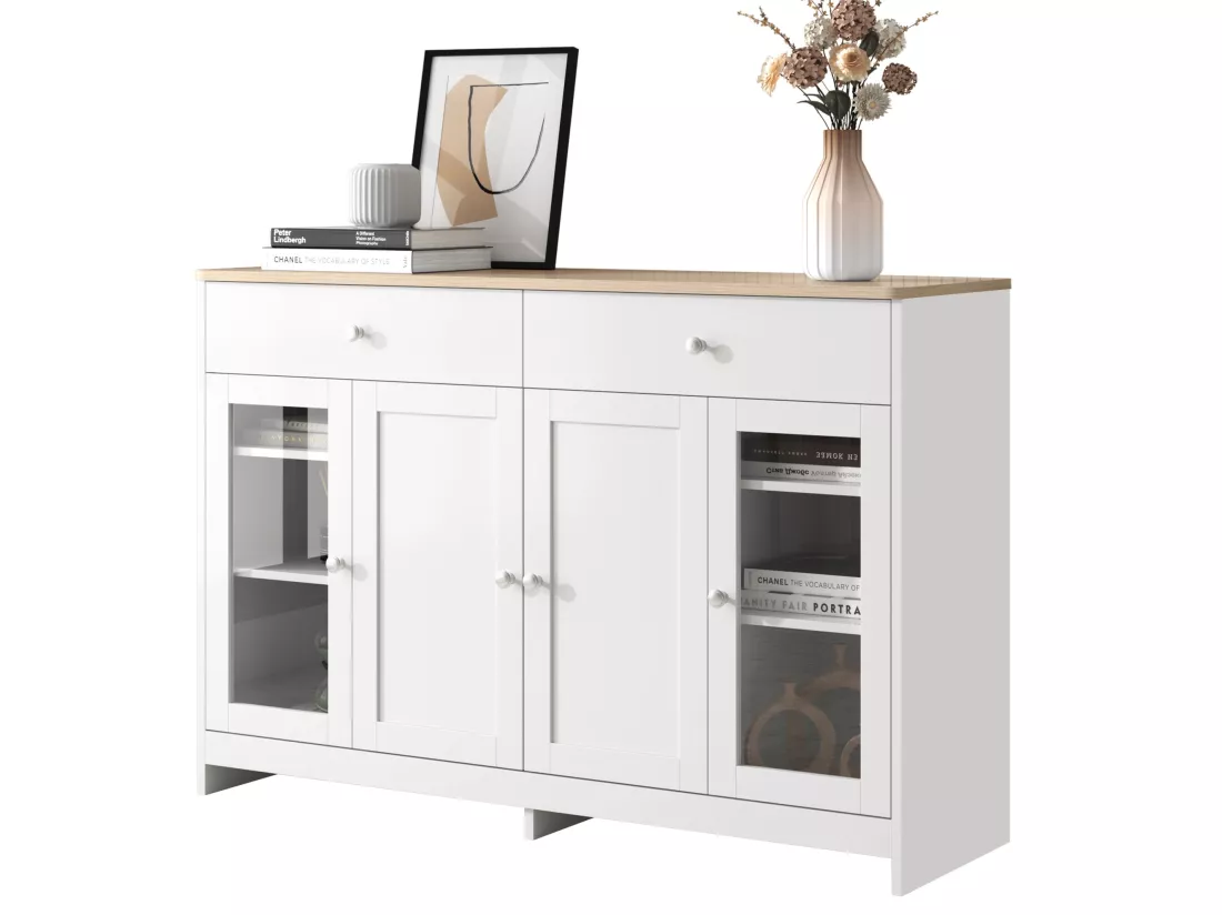 Buffet en bois avec finition blanche, 4 portes, 2 tiroirs et porte