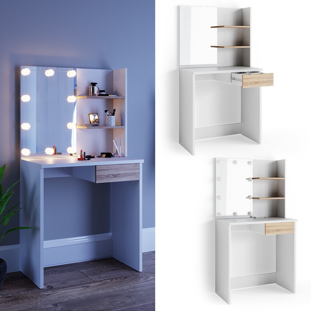 VICCO LED Schminktisch DEKOS Frisiertisch Kommode Kosmetiktisch Weiß Eiche