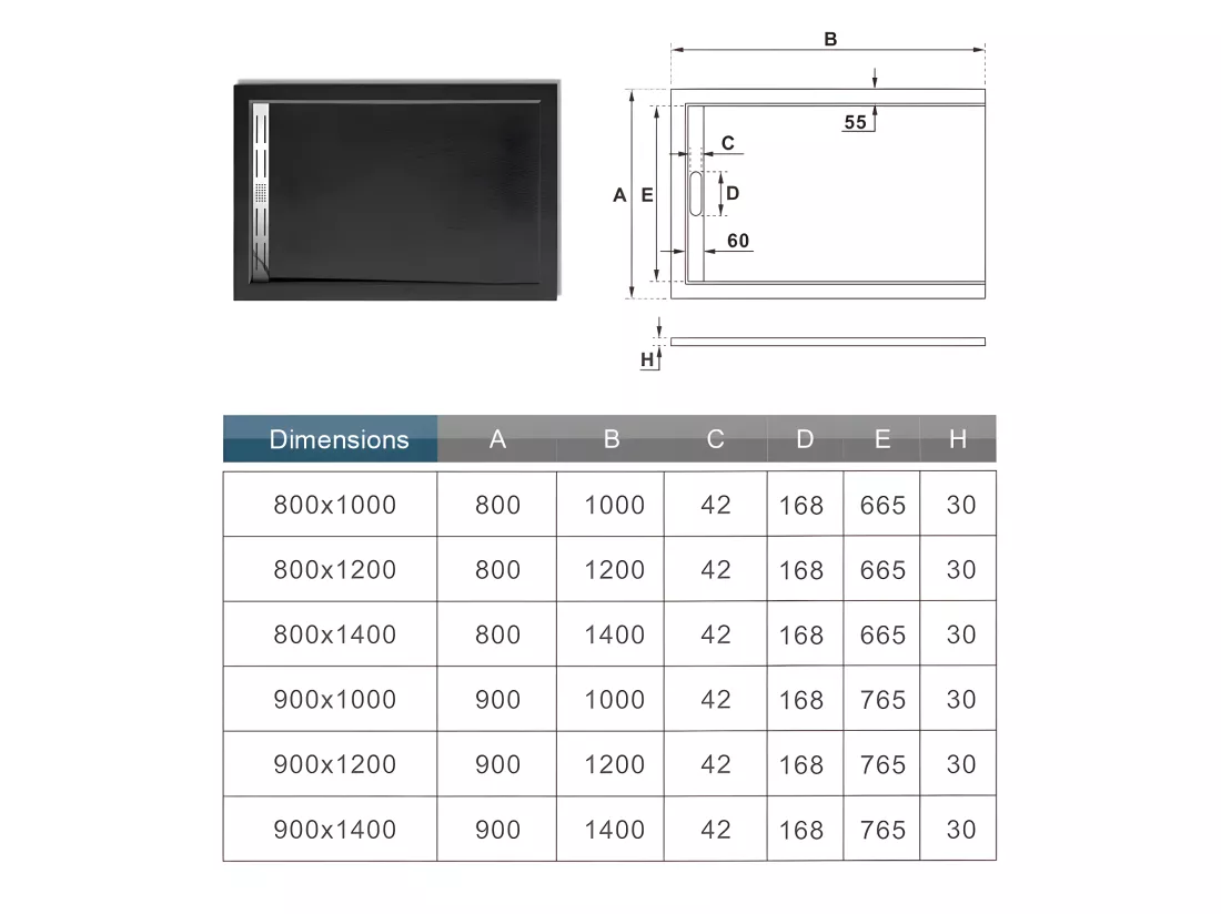 AICA Receveur de douche à poser 160x80cm antidérapant noir anthracite