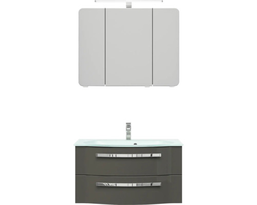 3-delige badkamermeubelset Pelipal xpressline 4005 BxHxD 92 x 200 x 49,1 cm, fronten hoogglans grijs, met witte glazen wastafel en glazen wastafelmeubel, wastafelkast, spiegelkast met LED-verlichting, chromen greep, 992.0900112 9920900112