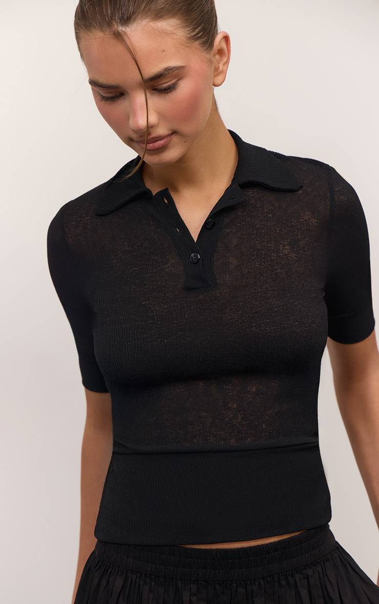 Noir T-shirt Côtelé En Maille Dévorée Avec Col Détaillé