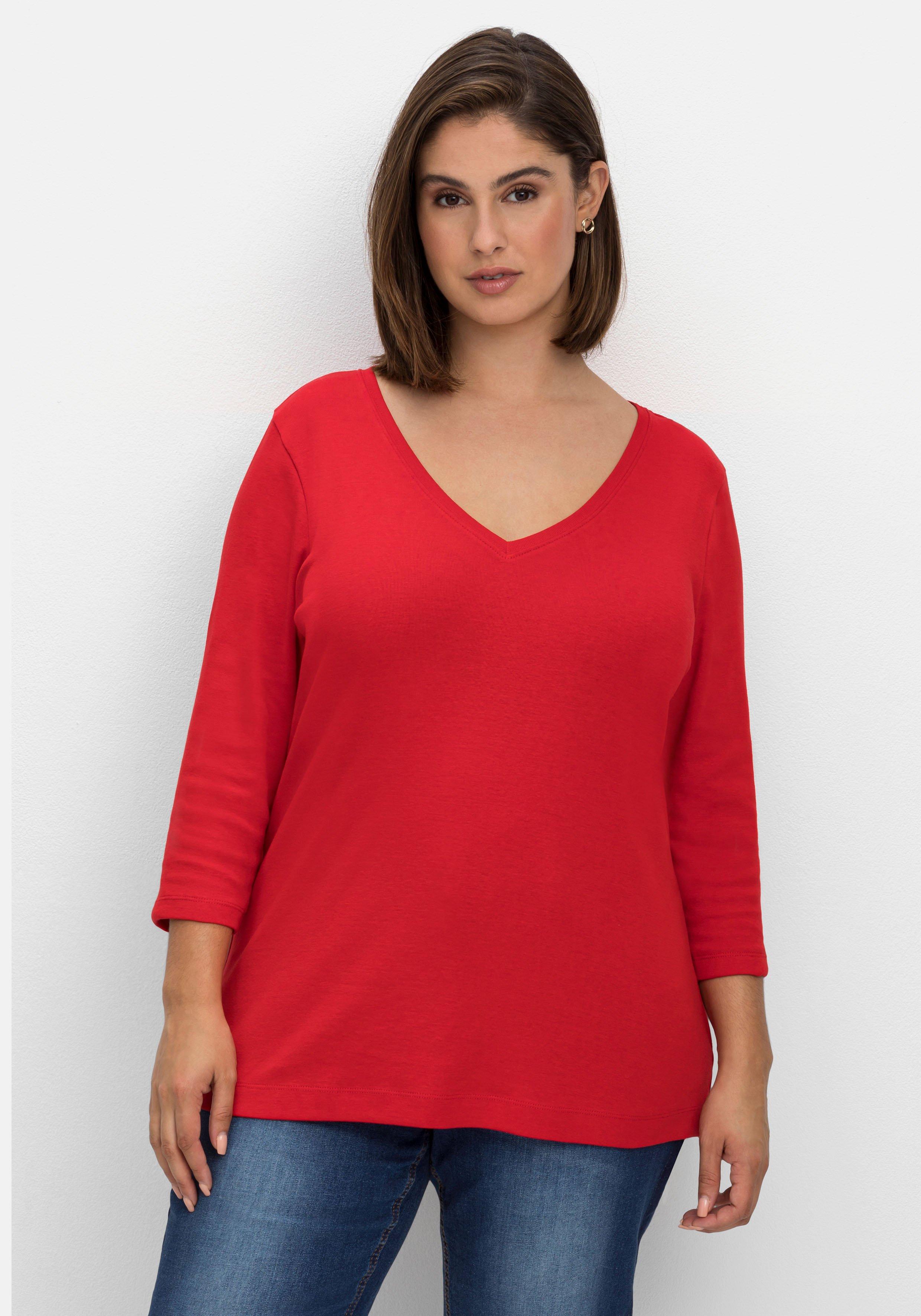 Shirt mit 3/4-Arm und V-Ausschnitt, in Rippqualität