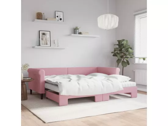 Lit de jour avec gigogne et matelas rose 90x200 cm velours