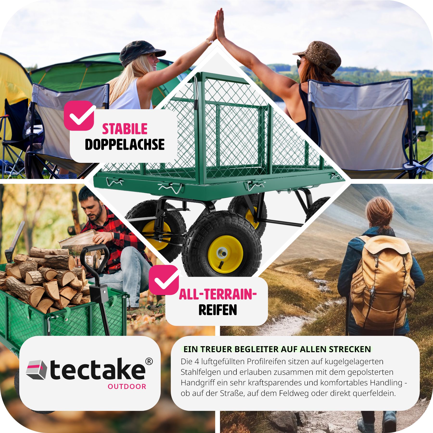tectake® Bollerwagen, mit klappbaren Seitenwänden, leichtgängige Lenkachse mit gepolstertem Griff, Belastbarkeit 550 kg