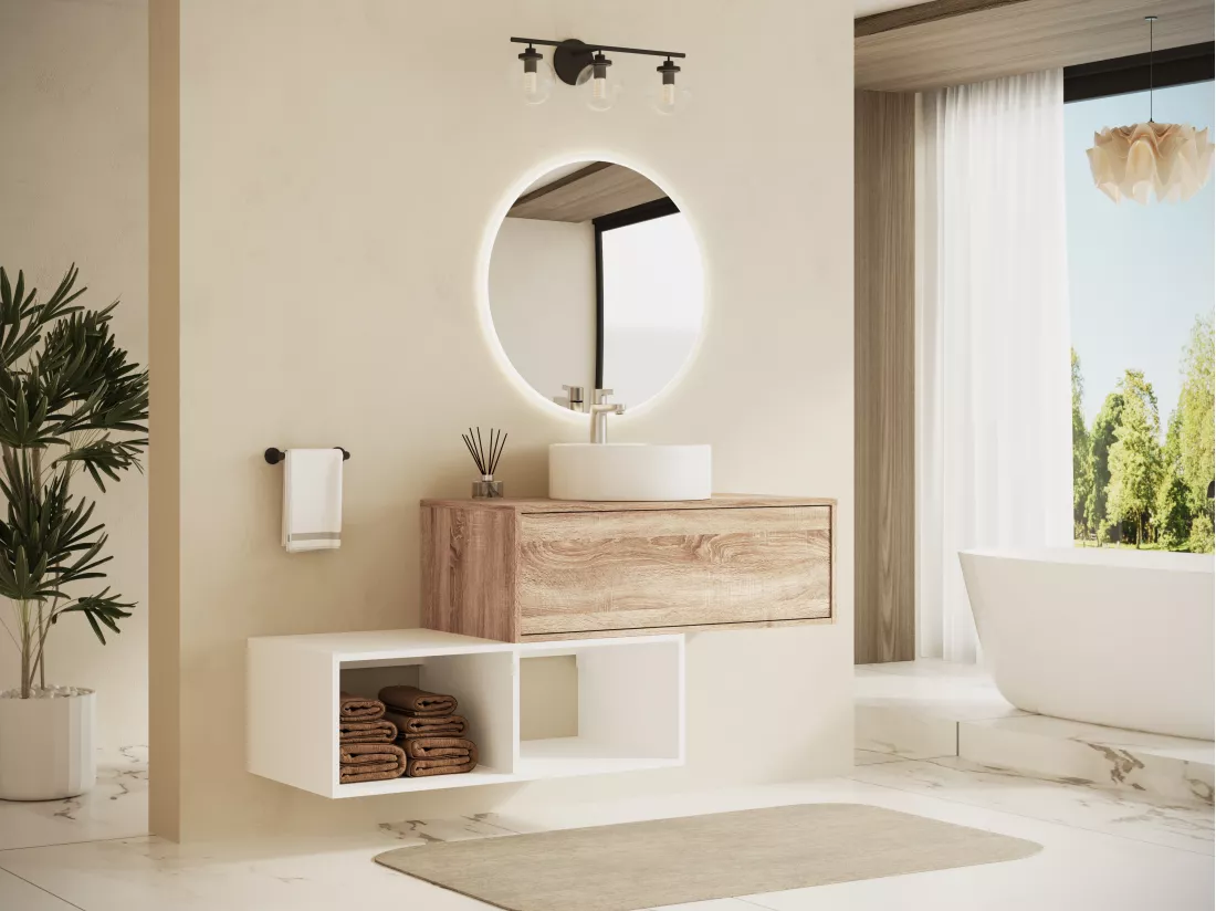 Meuble de salle de bain suspendu avec vasque ronde - 1 tiroir naturel clair et 2 niches blanches - 94 cm - TEANA II
