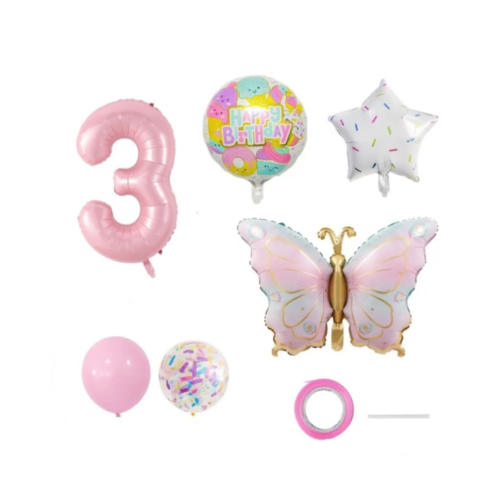 (10-tlg. Set) Zahlen Ballon Kinder Geburtstags Party Folienballon inkl. Latex Luftballon - Zahl 3 / Schmetterling