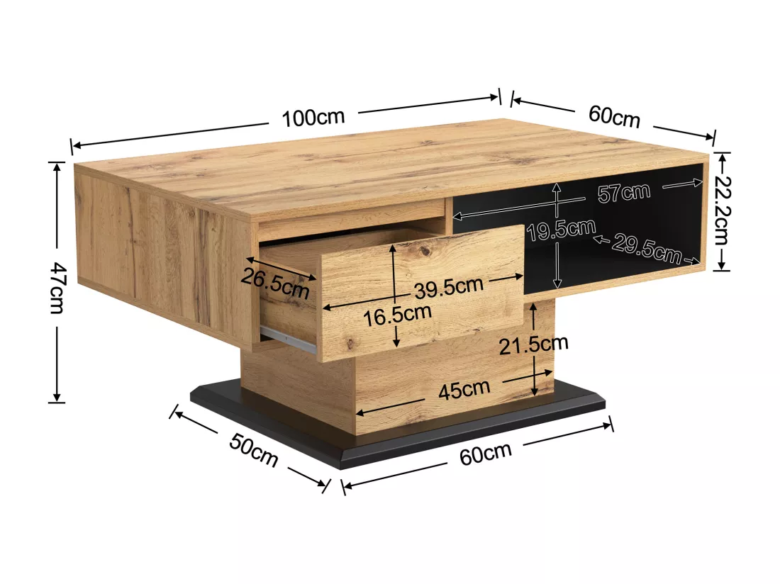 Table basse grain de bois avec rangement double face et tiroir 100x47x60 EINPHATH