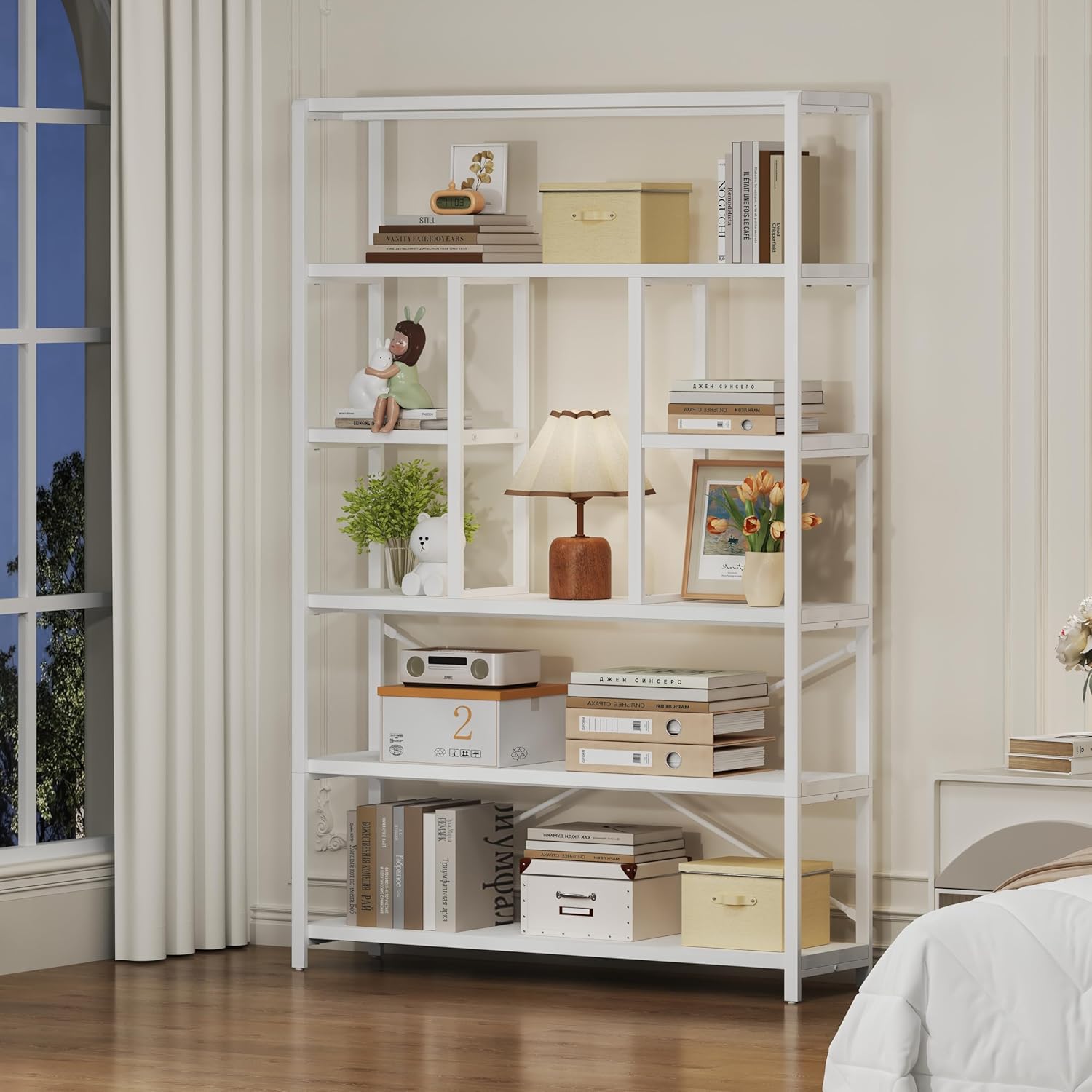 LVB Bücherregal Regal mit 6 Ebenen Wohnzimmer Standregal Holz Metall Bücherregal freistehend Dekoregal Modernes Design für Wohnzimmer Schlafzimmer Büro Weiß 30 x 120 x 180 cm