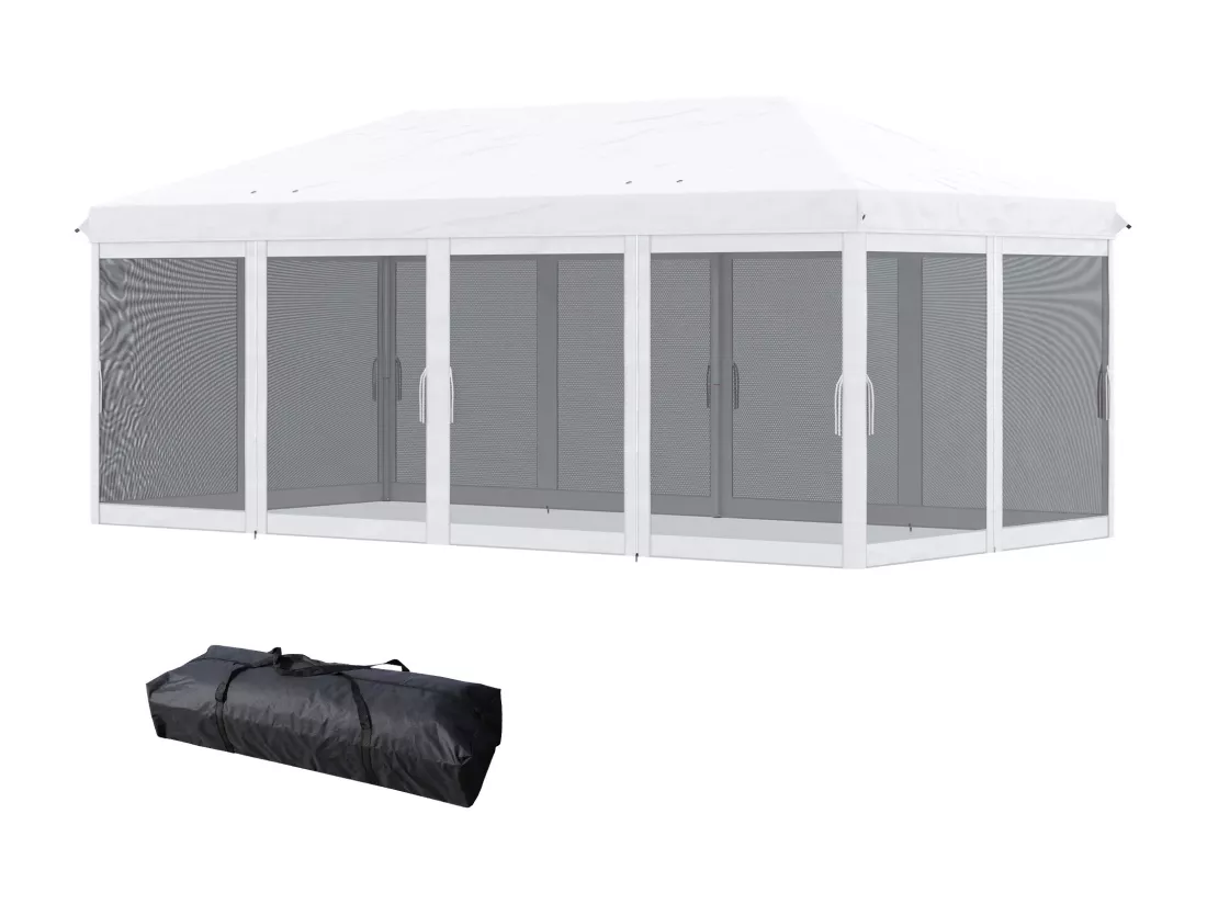 Tonnelle barnum pliant style colonial dim. 5,85L x 2,95l x 2,7H m 6 moustiquaires sac de transport blanc noir