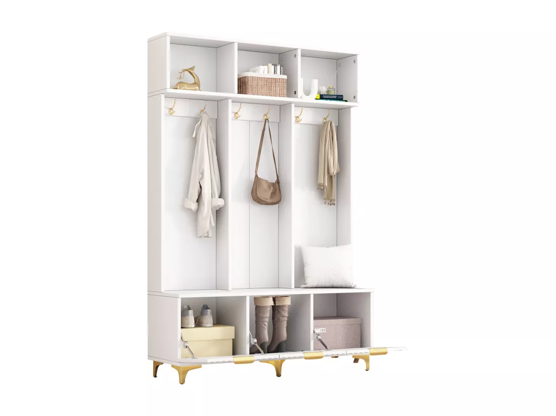Vestiaire avec 3 portes et 3 niches - 126 x 40 x 191.5 cm - Panneaux de particules et pièds en métal - Blanc