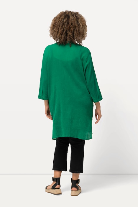 Longbluse, Krepp, Stehkragen, V-Ausschnitt, 3/4-Arm