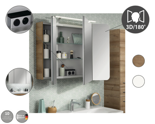 LED spiegelkast FACKELMANN Milano 110x78x15,5 cm noesten eiken 3 deuren