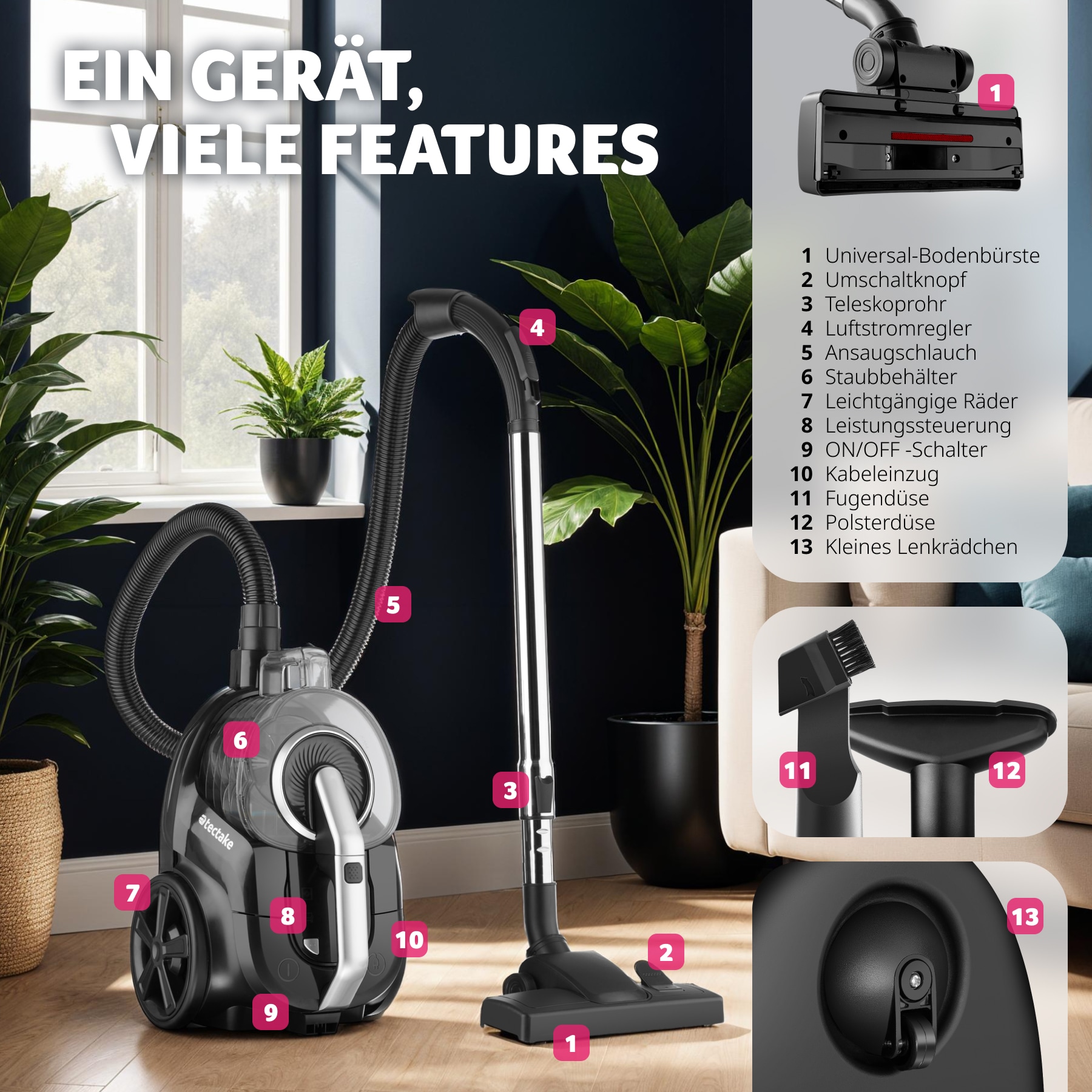 tectake® Staubsauger, 900 W, beutellos, HEPA-Filter, 3 l Staubbehälter, 43 x 27 x 88 - 117 cm